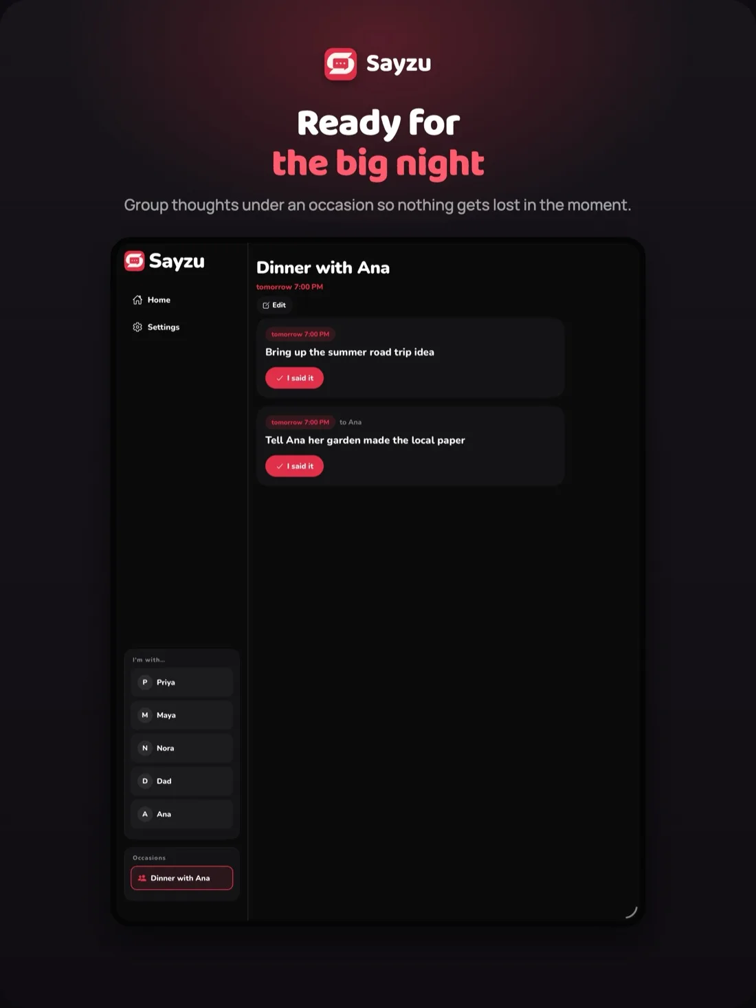 Sayzu on iPad showing an occasion with the thoughts grouped for the evening