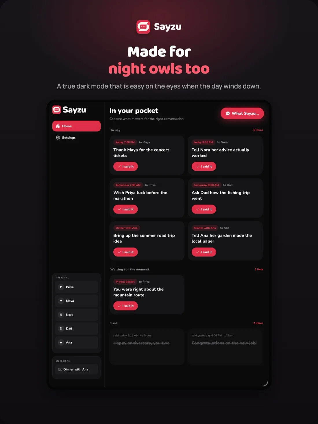 Sayzu on iPad in dark mode showing the pocket